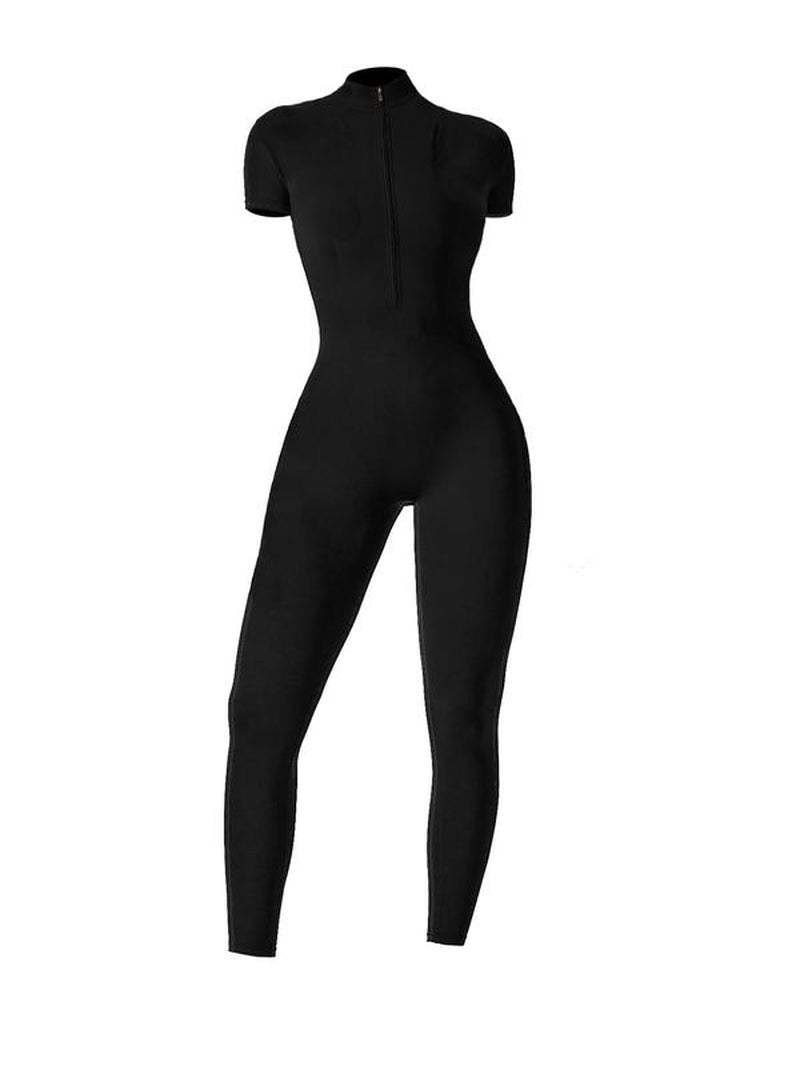 Women'S Solid Short Sleeve Half Zip Sports Jumpsuit, Sporty Stand Collar Skinny Jumpsuit for Yoga Gym Workout, Ladies Sportswear for All Seasons