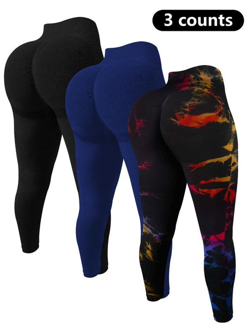 【Plus Size】 Plain/Tie Dye Print High Waist Sports Leggings, Sporty Comfy Breathable Skinny Pants for Yoga Gym Workout, Women'S Sport & Outdoor Clothing for All Seasons, Tight Fitness Pants