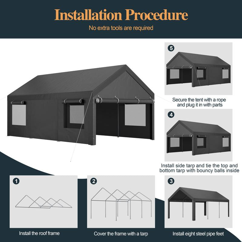 Walsunny Carport 10X20Ft Outdoor Car Canopy Portable Garage, Heavy Duty Shed Tent Port with Roll-Up Ventilated Windows & Removable Sidewalls Shelter Storage Vehicle Party Moisture Prevention