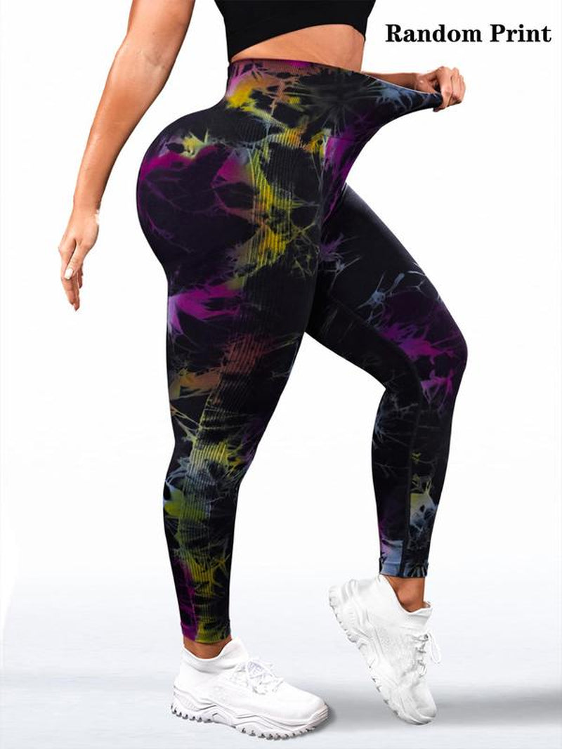 【Plus Size】 Plain/Tie Dye Print High Waist Sports Leggings, Sporty Comfy Breathable Skinny Pants for Yoga Gym Workout, Women'S Sport & Outdoor Clothing for All Seasons, Tight Fitness Pants