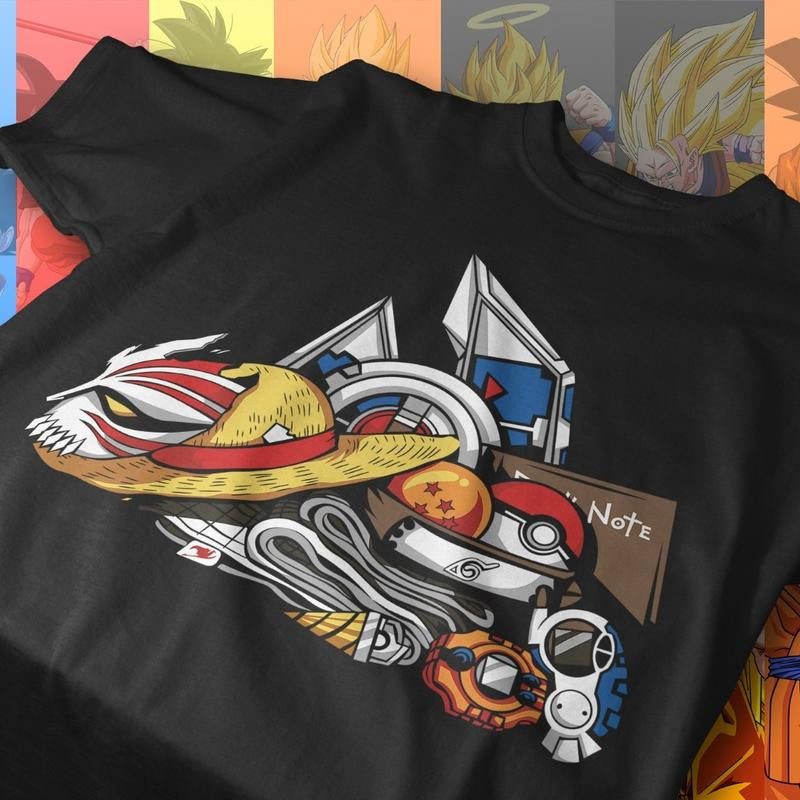 Cartoon Japanese Manga Black Tshirt , One Piece, Dragon Ball, Pokemon- Menswear