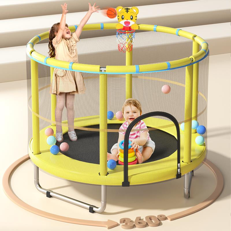 Kids Outdoor Trampoline 55’ Toddler Trampoline for Kids, Indoor Outdoor Trampoline with Enclosure Net, Adjustable Gymnastic Poles, Basketball Frame,Spring Free Trampoline Sports Fun Safety Mini