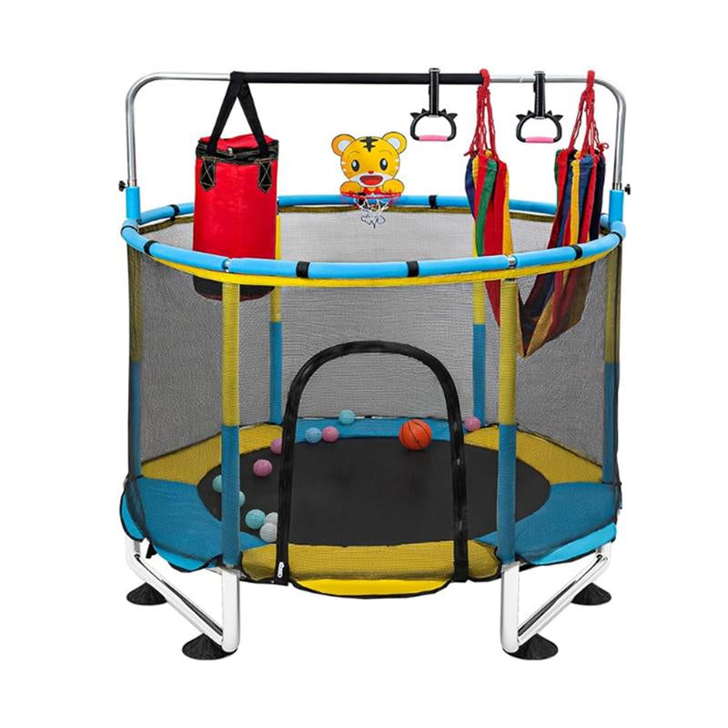 Trampoline for Kids with Basketball Hoop, 55" Toddler Trampoline Indoor & Outdoor, 440Lbs Capacity Baby Trampoline with Enclosure, No-Gap Safe Design,,Swing,Sandbag,Ring,Ocean Balls,Gifts for Boys&Girls,