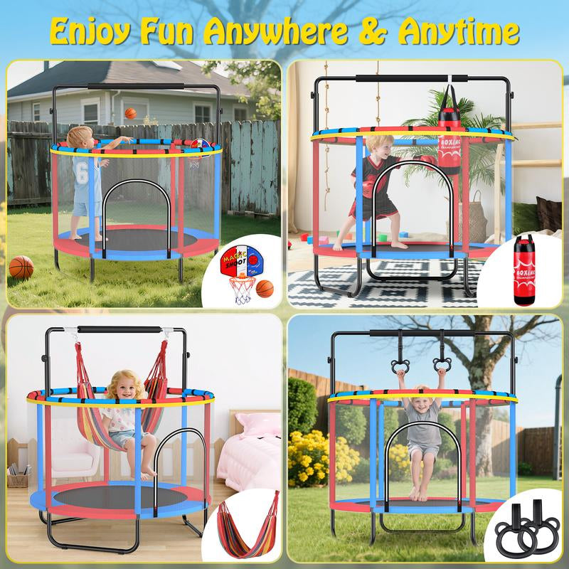 【Labordaysale】Aowos 60'' Trampoline for Kids with Basketball Hoop & Safety Net, Swing, Rings, Gymnastic Bar, 6-In-1 Indoor/Outdoor Toddler Trampoline, Trampolín Para Niños, Birthday Gifts for Boys & Girls