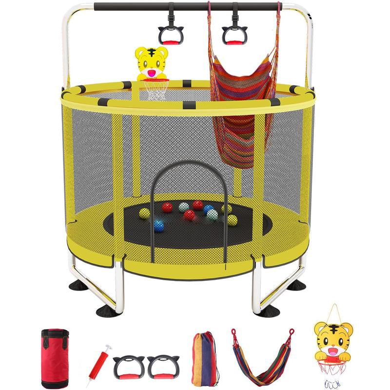 Trampoline for Kids with Basketball Hoop, 55" Toddler Trampoline Indoor & Outdoor, 440Lbs Capacity Baby Trampoline with Enclosure, No-Gap Safe Design,,Swing,Sandbag,Ring,Ocean Balls,Gifts for Boys&Girls,