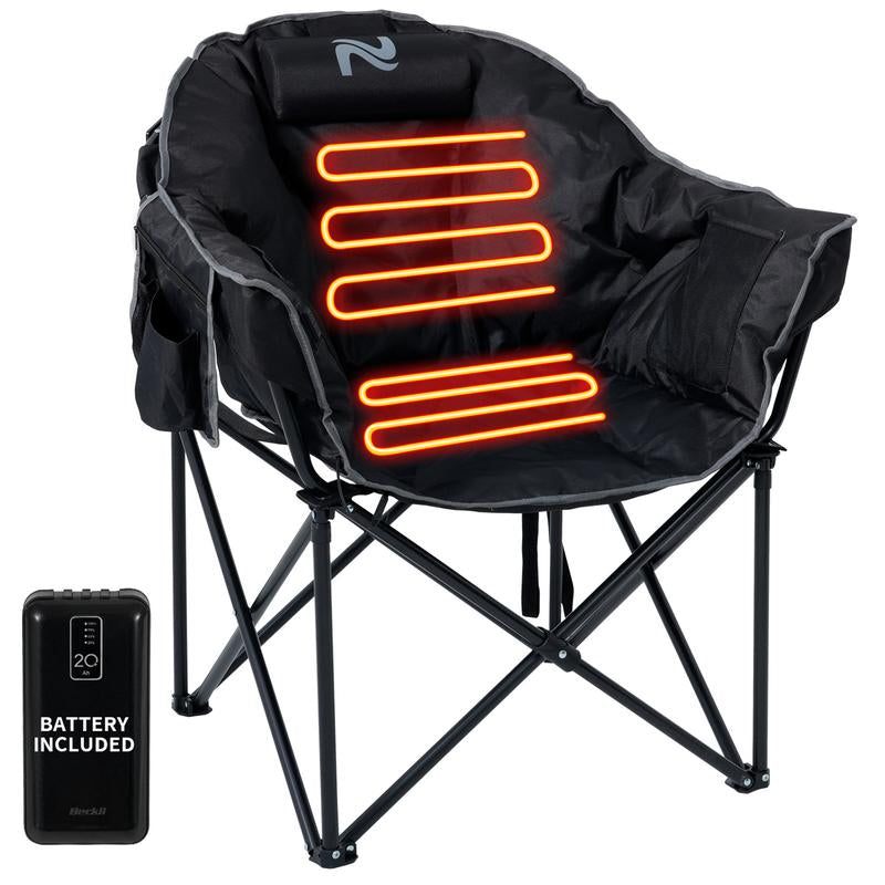 MOPHOTO Heated Camping Chair with Battery, Portable Oversized Heated Folding Chairs, Outdoor Padded Heating Lawn Chair Patio Lounge Chairs for Adults