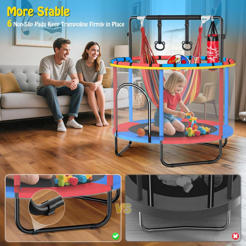 【Labordaysale】Aowos 60'' Trampoline for Kids with Basketball Hoop & Safety Net, Swing, Rings, Gymnastic Bar, 6-In-1 Indoor/Outdoor Toddler Trampoline, Trampolín Para Niños, Birthday Gifts for Boys & Girls