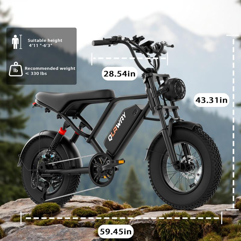 Qlaway Electric Bike, Equipped with High Carbon Steel Frame, Full Suspension System, 25Mph Top Speed, 48V 648Wh, Pedal Assist Range of 30-70 Miles, 16-Inch All-Terrain Tires, Off-Road Motorcycle. Ebike Electric Motorcycle
