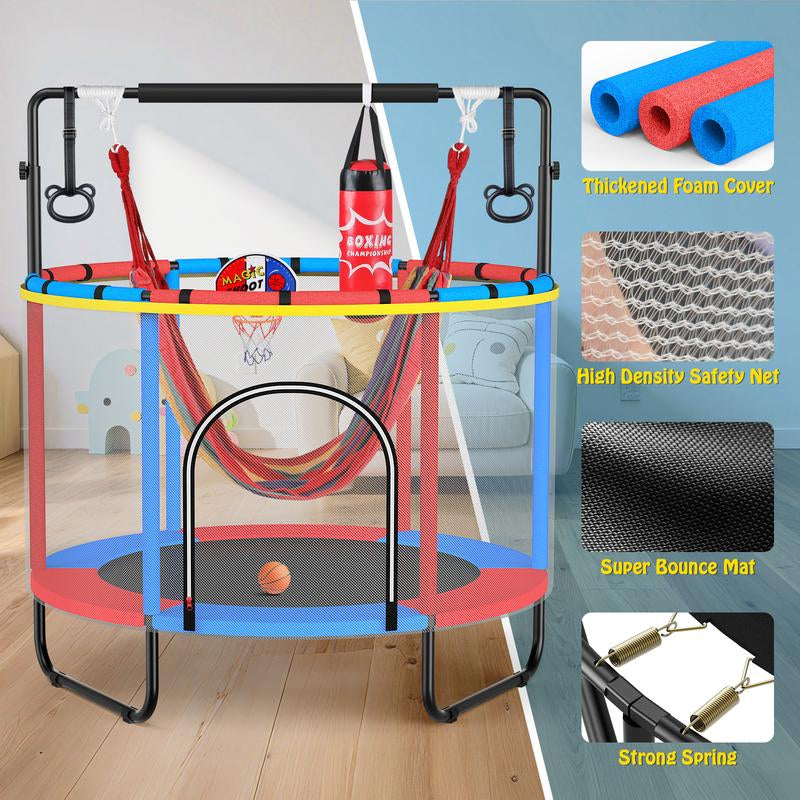 【Labordaysale】Aowos 60'' Trampoline for Kids with Basketball Hoop & Safety Net, Swing, Rings, Gymnastic Bar, 6-In-1 Indoor/Outdoor Toddler Trampoline, Trampolín Para Niños, Birthday Gifts for Boys & Girls
