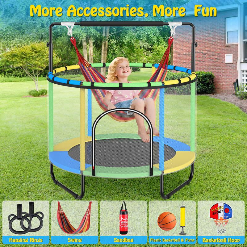【Labordaysale】Aowos 60'' Trampoline for Kids with Basketball Hoop & Safety Net, Swing, Rings, Gymnastic Bar, 6-In-1 Indoor/Outdoor Toddler Trampoline, Trampolín Para Niños, Birthday Gifts for Boys & Girls