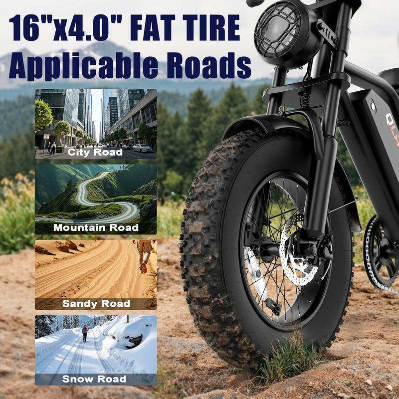 Qlaway Electric Bike, Equipped with High Carbon Steel Frame, Full Suspension System, 25Mph Top Speed, 48V 648Wh, Pedal Assist Range of 30-70 Miles, 16-Inch All-Terrain Tires, Off-Road Motorcycle. Ebike Electric Motorcycle