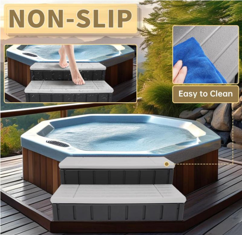 Universal Spa Hot Tub Steps with Storage, 350Lbs Load Capacity,Outdoor Indoor Compartment,Spa Steps,Slip Resistant Striped,Light Gray+Black,36"Jolie