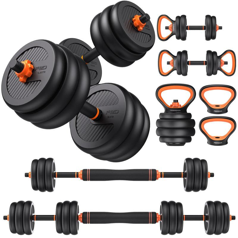 FEIERDUN 5-In-1 Adjustable Dumbbell Set 20/30/40/70/90LB – Convertible Free Weights to Barbell, Kettlebells, Push-Up Stand & Plates – Home Gym Equipment for Men & Women