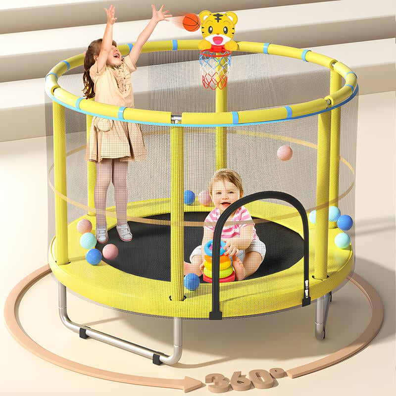 Kids Outdoor Trampoline 55’ Toddler Trampoline for Kids, Indoor Outdoor Trampoline with Enclosure Net, Adjustable Gymnastic Poles, Basketball Frame,Spring Free Trampoline Sports Fun Safety Mini