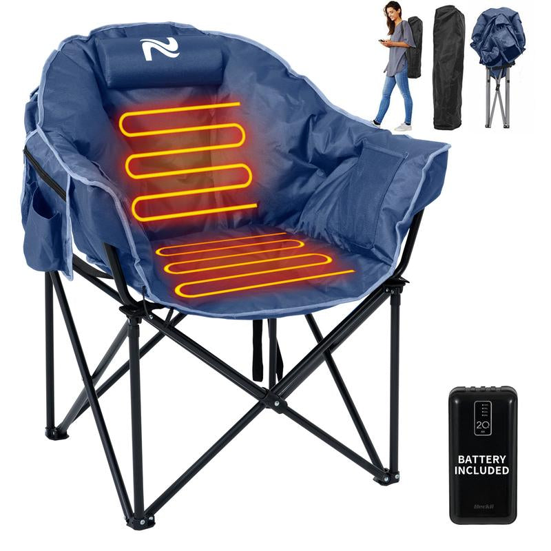 MOPHOTO Heated Camping Chair with Battery, Portable Oversized Heated Folding Chairs, Outdoor Padded Heating Lawn Chair Patio Lounge Chairs for Adults