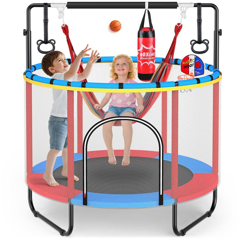 【Labordaysale】Aowos 60'' Trampoline for Kids with Basketball Hoop & Safety Net, Swing, Rings, Gymnastic Bar, 6-In-1 Indoor/Outdoor Toddler Trampoline, Trampolín Para Niños, Birthday Gifts for Boys & Girls