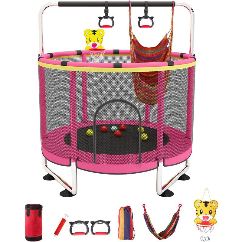 Trampoline for Kids with Basketball Hoop, 55" Toddler Trampoline Indoor & Outdoor, 440Lbs Capacity Baby Trampoline with Enclosure, No-Gap Safe Design,,Swing,Sandbag,Ring,Ocean Balls,Gifts for Boys&Girls,