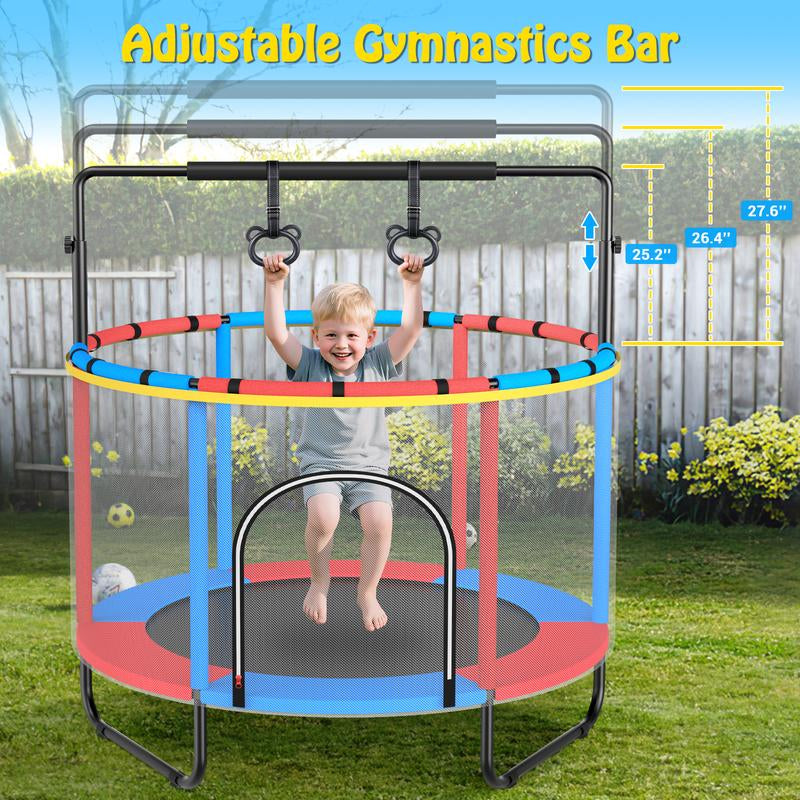 【Labordaysale】Aowos 60'' Trampoline for Kids with Basketball Hoop & Safety Net, Swing, Rings, Gymnastic Bar, 6-In-1 Indoor/Outdoor Toddler Trampoline, Trampolín Para Niños, Birthday Gifts for Boys & Girls