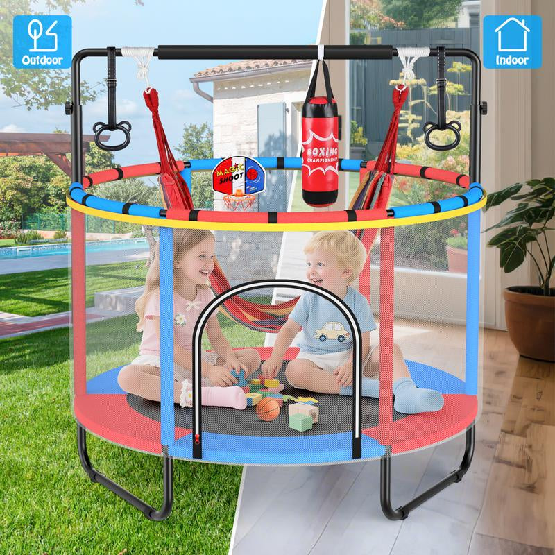 【Labordaysale】Aowos 60'' Trampoline for Kids with Basketball Hoop & Safety Net, Swing, Rings, Gymnastic Bar, 6-In-1 Indoor/Outdoor Toddler Trampoline, Trampolín Para Niños, Birthday Gifts for Boys & Girls