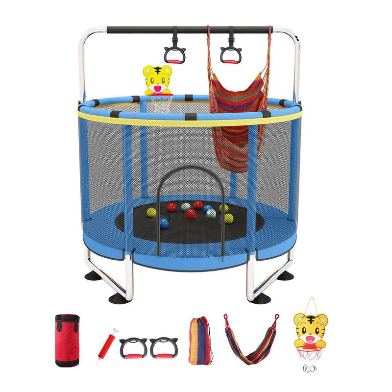 Trampoline for Kids with Basketball Hoop, 55" Toddler Trampoline Indoor & Outdoor, 440Lbs Capacity Baby Trampoline with Enclosure, No-Gap Safe Design,,Swing,Sandbag,Ring,Ocean Balls,Gifts for Boys&Girls,
