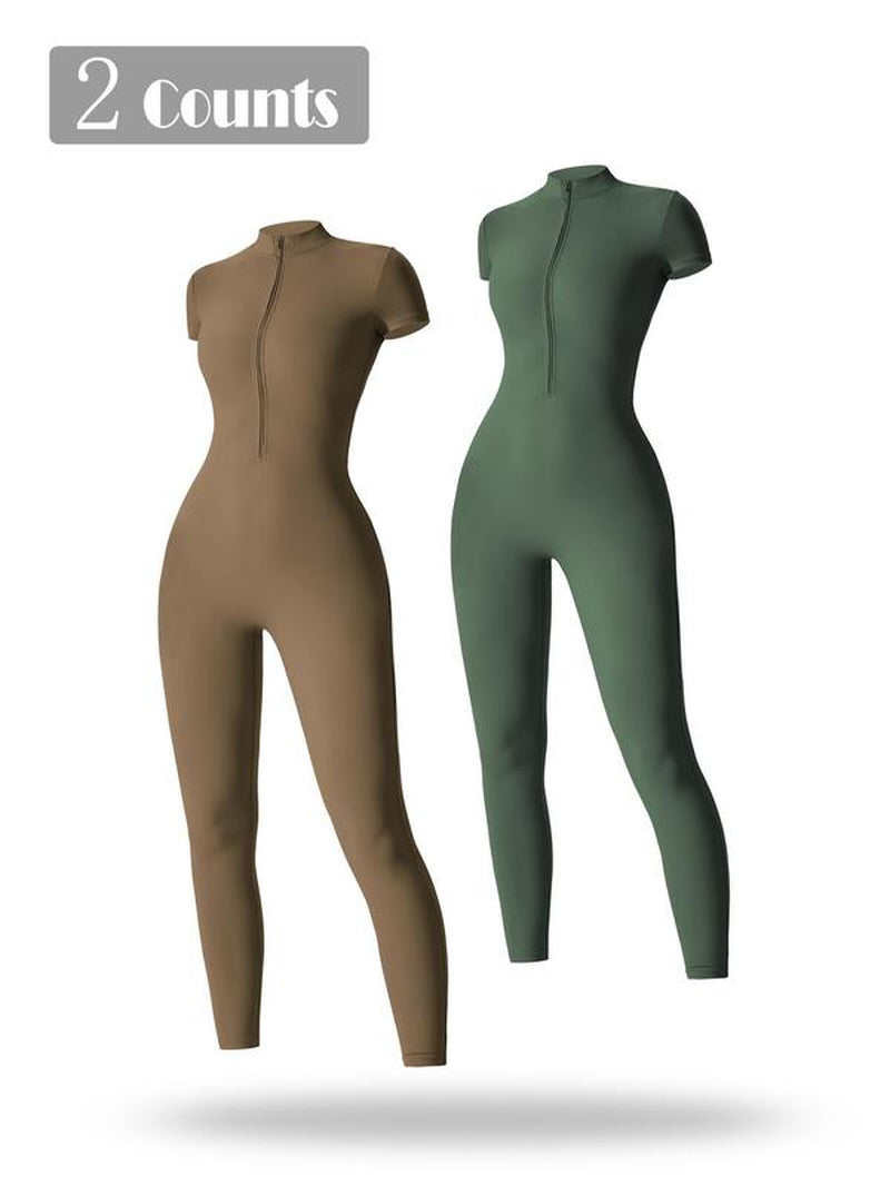 Women'S Solid Short Sleeve Half Zip Sports Jumpsuit, Sporty Stand Collar Skinny Jumpsuit for Yoga Gym Workout, Ladies Sportswear for All Seasons