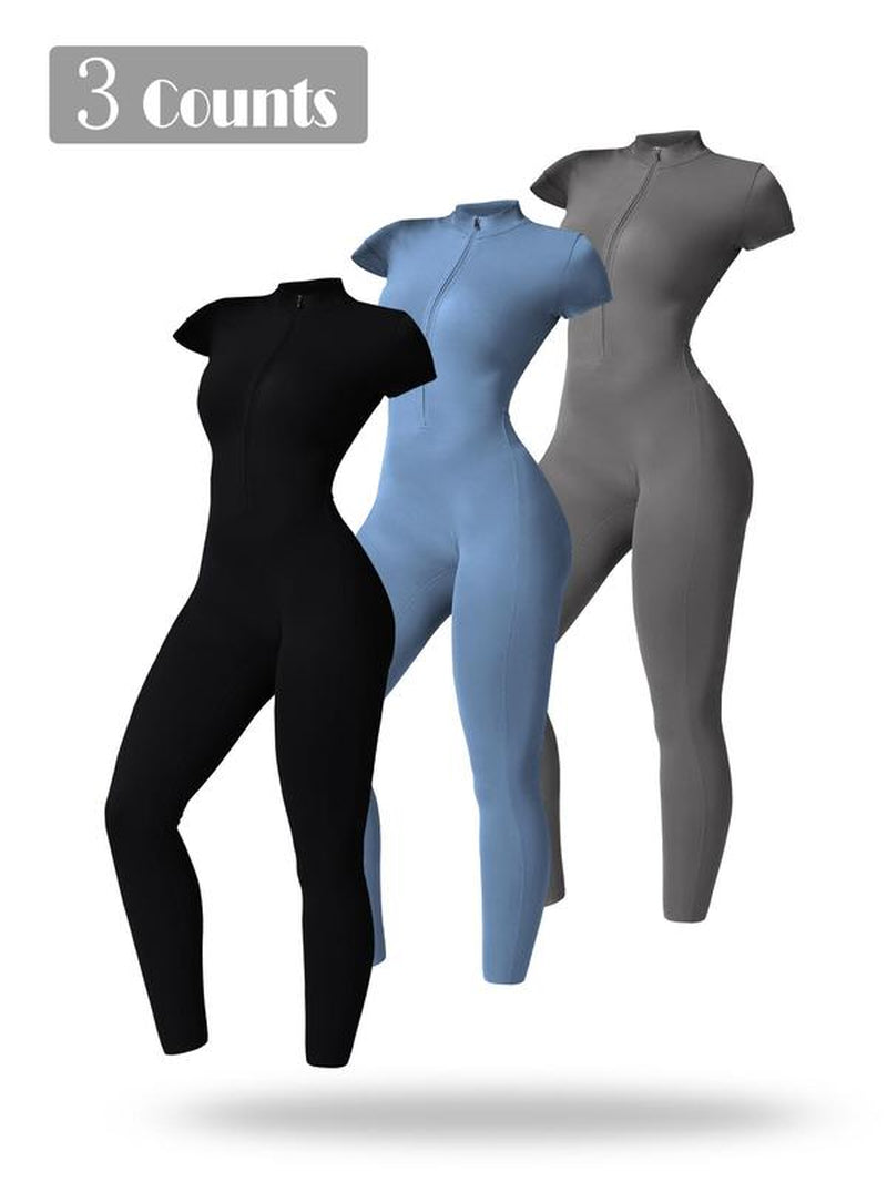 Women'S Solid Short Sleeve Half Zip Sports Jumpsuit, Sporty Stand Collar Skinny Jumpsuit for Yoga Gym Workout, Ladies Sportswear for All Seasons