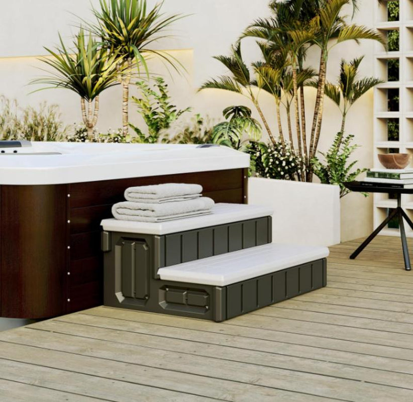 Universal Spa Hot Tub Steps with Storage, 350Lbs Load Capacity,Outdoor Indoor Compartment,Spa Steps,Slip Resistant Striped,Light Gray+Black,36"Jolie