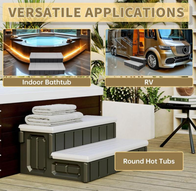 Universal Spa Hot Tub Steps with Storage, 350Lbs Load Capacity,Outdoor Indoor Compartment,Spa Steps,Slip Resistant Striped,Light Gray+Black,36"Jolie