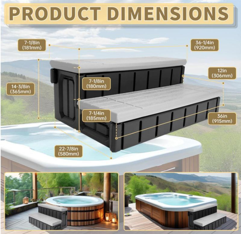 Universal Spa Hot Tub Steps with Storage, 350Lbs Load Capacity,Outdoor Indoor Compartment,Spa Steps,Slip Resistant Striped,Light Gray+Black,36"Jolie