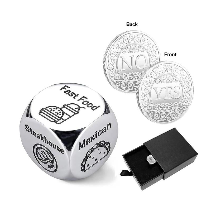 Food Decision Dice Decider & Yes/No Coin, 1 Set Creative Stainless Steel Dice with Gift Box, Party Favors for Men & Women, Gift for Friend