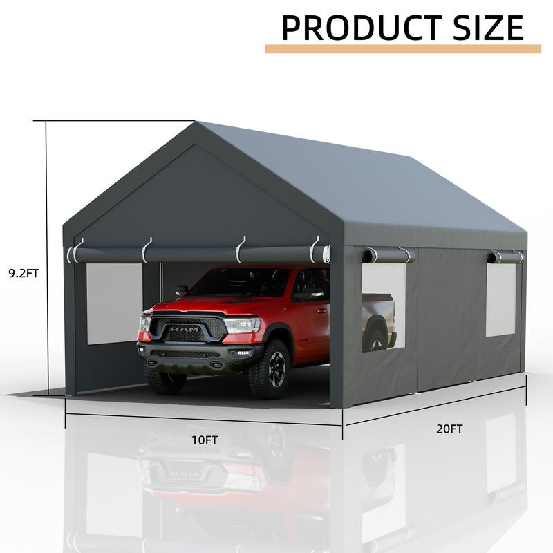 Walsunny Carport 10X20Ft Outdoor Car Canopy Portable Garage, Heavy Duty Shed Tent Port with Roll-Up Ventilated Windows & Removable Sidewalls Shelter Storage Vehicle Party Moisture Prevention