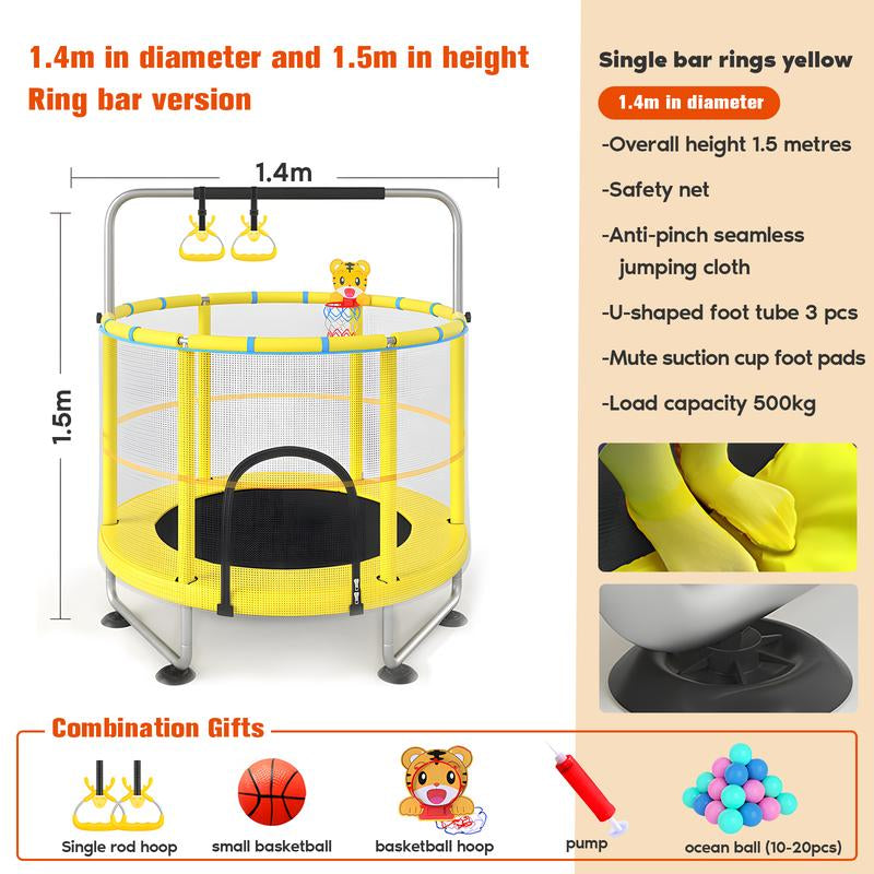 Kids Outdoor Trampoline 55’ Toddler Trampoline for Kids, Indoor Outdoor Trampoline with Enclosure Net, Adjustable Gymnastic Poles, Basketball Frame,Spring Free Trampoline Sports Fun Safety Mini