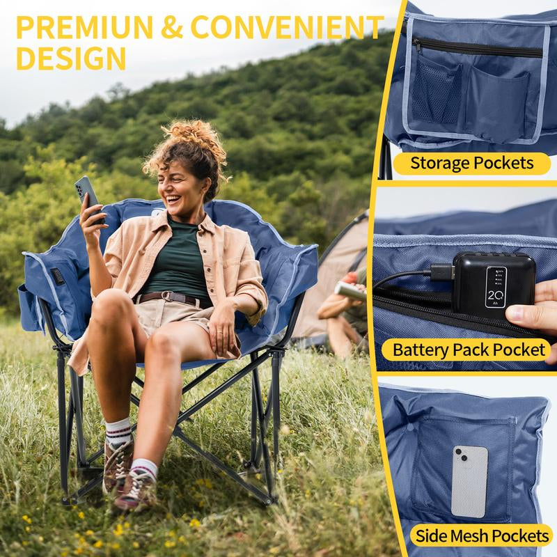MOPHOTO Heated Camping Chair with Battery, Portable Oversized Heated Folding Chairs, Outdoor Padded Heating Lawn Chair Patio Lounge Chairs for Adults