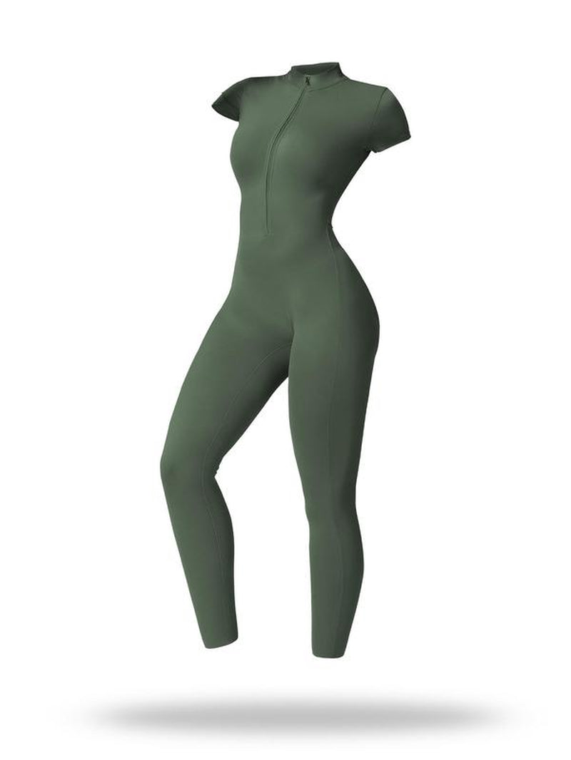 Women'S Solid Short Sleeve Half Zip Sports Jumpsuit, Sporty Stand Collar Skinny Jumpsuit for Yoga Gym Workout, Ladies Sportswear for All Seasons