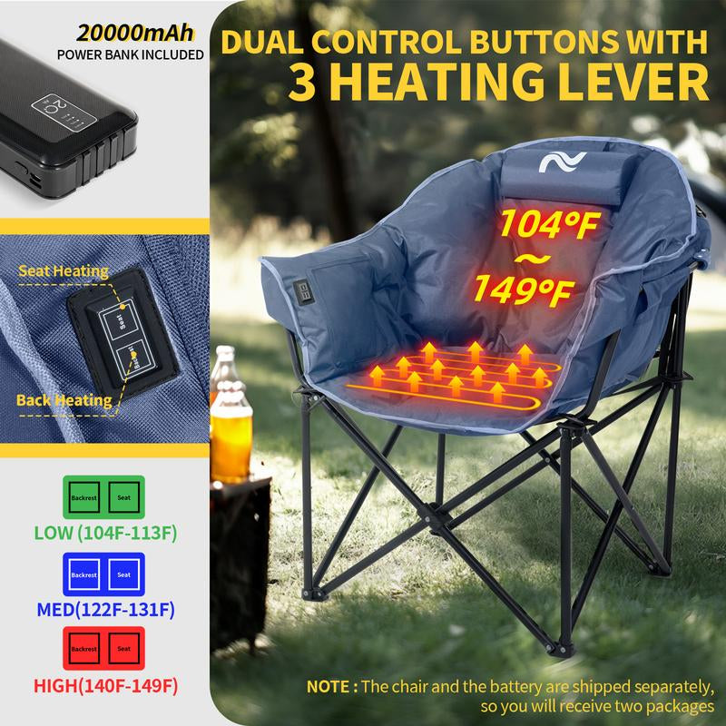 MOPHOTO Heated Camping Chair with Battery, Portable Oversized Heated Folding Chairs, Outdoor Padded Heating Lawn Chair Patio Lounge Chairs for Adults
