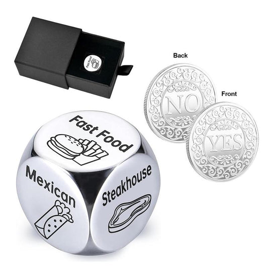Food Decision Dice Decider & Yes/No Coin, 1 Set Creative Stainless Steel Dice with Gift Box, Party Favors for Men & Women, Gift for Friend