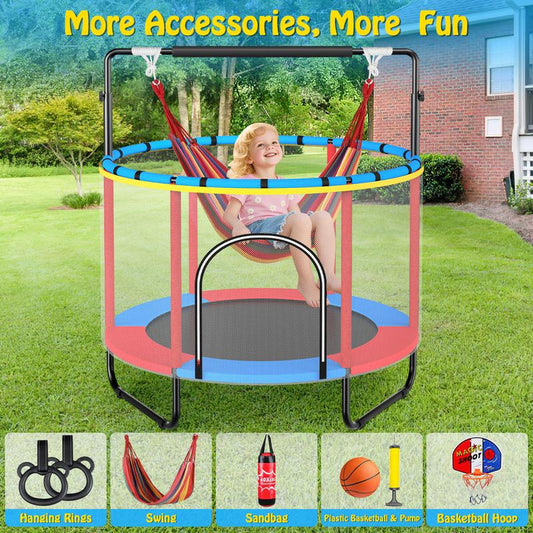 【Labordaysale】Aowos 60'' Trampoline for Kids with Basketball Hoop & Safety Net, Swing, Rings, Gymnastic Bar, 6-In-1 Indoor/Outdoor Toddler Trampoline, Trampolín Para Niños, Birthday Gifts for Boys & Girls