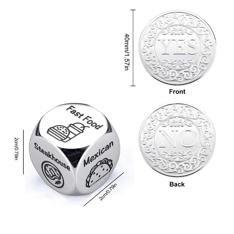 Food Decision Dice Decider & Yes/No Coin, 1 Set Creative Stainless Steel Dice with Gift Box, Party Favors for Men & Women, Gift for Friend