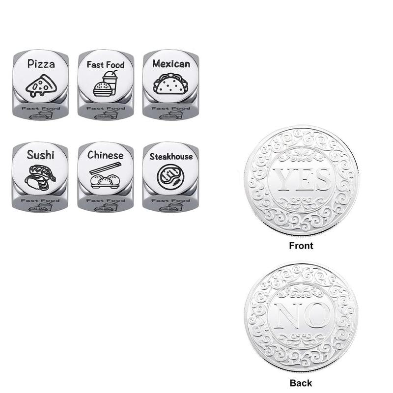 Food Decision Dice Decider & Yes/No Coin, 1 Set Creative Stainless Steel Dice with Gift Box, Party Favors for Men & Women, Gift for Friend