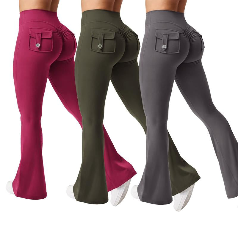 Dey Yoga High Waist Tummy Control Flare Leggings Flare Leggings with Pockets for Women Scrunch Butt Lifting Gym Yoga Pants Casual Comfy Breathable Skinny Pants for Yoga Gym Workout Running, Ladies Sportswear for All Seasons Stylish Activewear Leggings