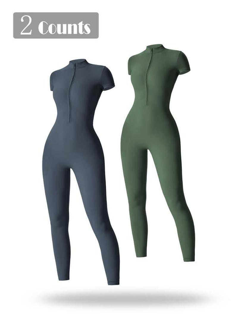 Women'S Solid Short Sleeve Half Zip Sports Jumpsuit, Sporty Stand Collar Skinny Jumpsuit for Yoga Gym Workout, Ladies Sportswear for All Seasons