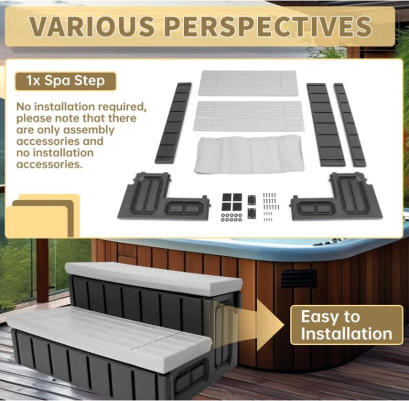 Universal Spa Hot Tub Steps with Storage, 350Lbs Load Capacity,Outdoor Indoor Compartment,Spa Steps,Slip Resistant Striped,Light Gray+Black,36"Jolie