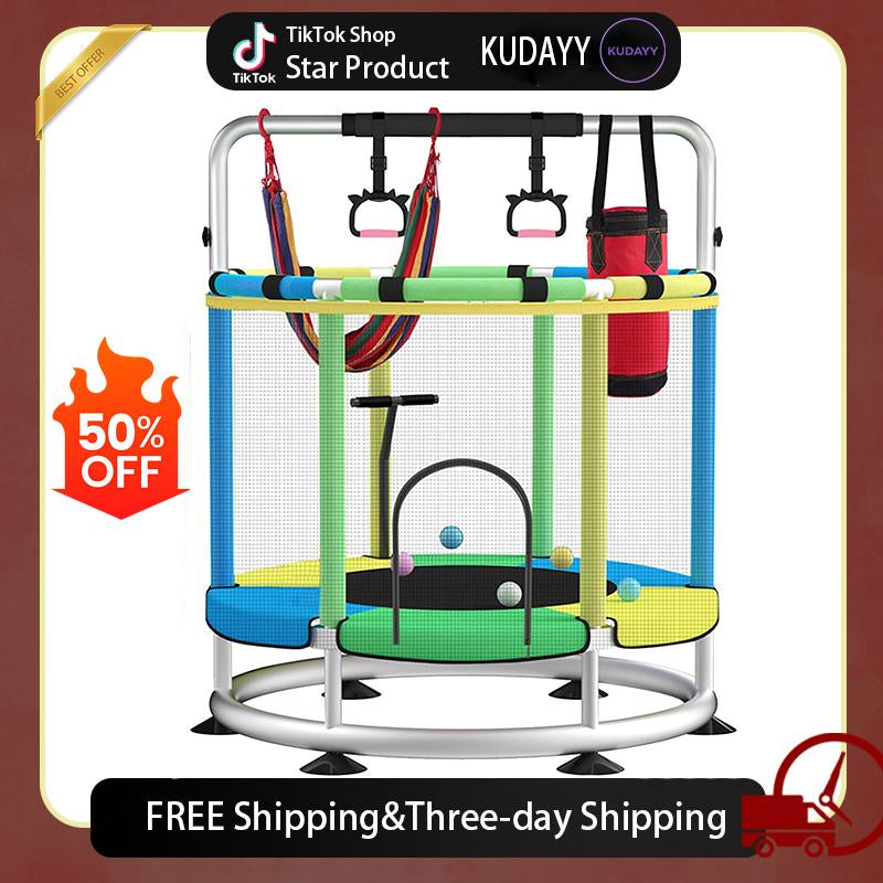 Trampoline for Kids with Basketball Hoop, 55" Toddler Trampoline Indoor & Outdoor, 440Lbs Capacity Baby Trampoline with Enclosure, No-Gap Safe Design,,Swing,Sandbag,Ring,Ocean Balls,Gifts for Boys&Girls,