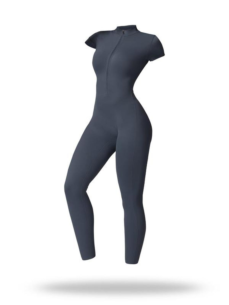 Women'S Solid Short Sleeve Half Zip Sports Jumpsuit, Sporty Stand Collar Skinny Jumpsuit for Yoga Gym Workout, Ladies Sportswear for All Seasons