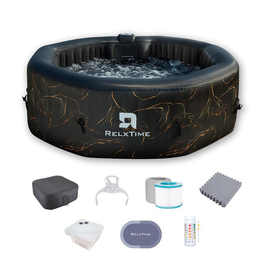 Relxtime 4-6 Person Octagonal Black Gold Inflatable Hot Tub, Portable Outdoor Spa with 130 Soothing Bubble Jets, Insulated Cover, 2 Filter Cartridges - HJD6001 Fathersdaygift Water Exterior