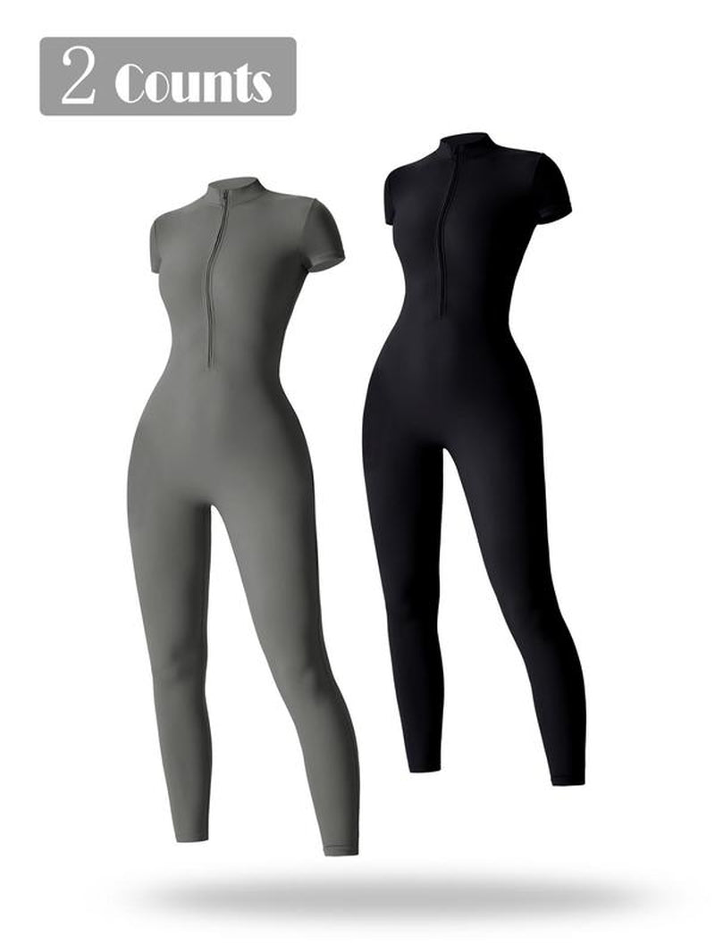 Women'S Solid Short Sleeve Half Zip Sports Jumpsuit, Sporty Stand Collar Skinny Jumpsuit for Yoga Gym Workout, Ladies Sportswear for All Seasons