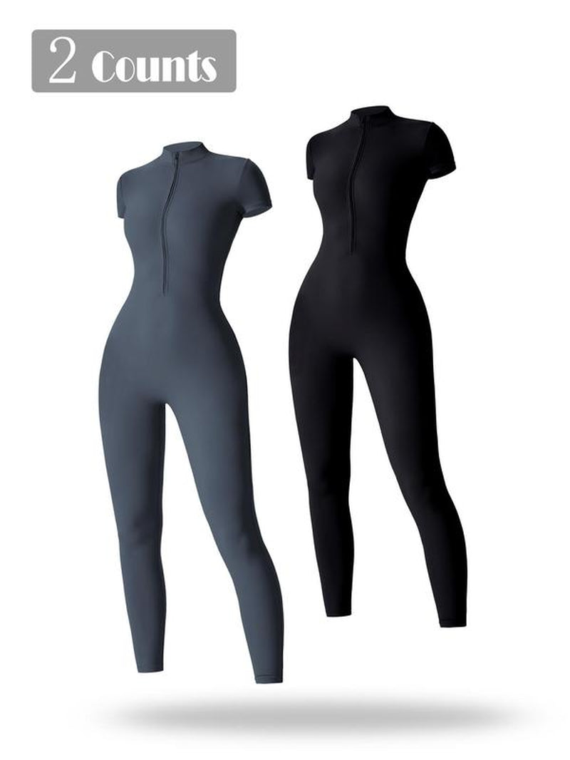 Women'S Solid Short Sleeve Half Zip Sports Jumpsuit, Sporty Stand Collar Skinny Jumpsuit for Yoga Gym Workout, Ladies Sportswear for All Seasons