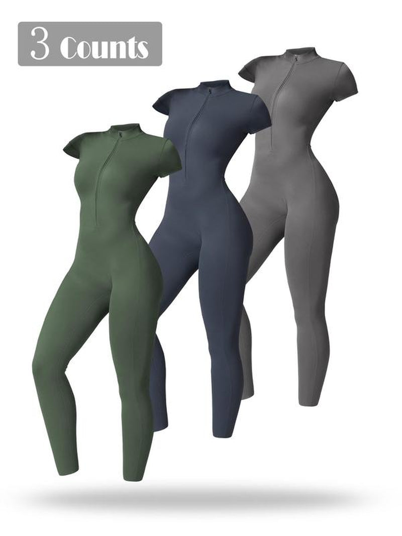 Women'S Solid Short Sleeve Half Zip Sports Jumpsuit, Sporty Stand Collar Skinny Jumpsuit for Yoga Gym Workout, Ladies Sportswear for All Seasons
