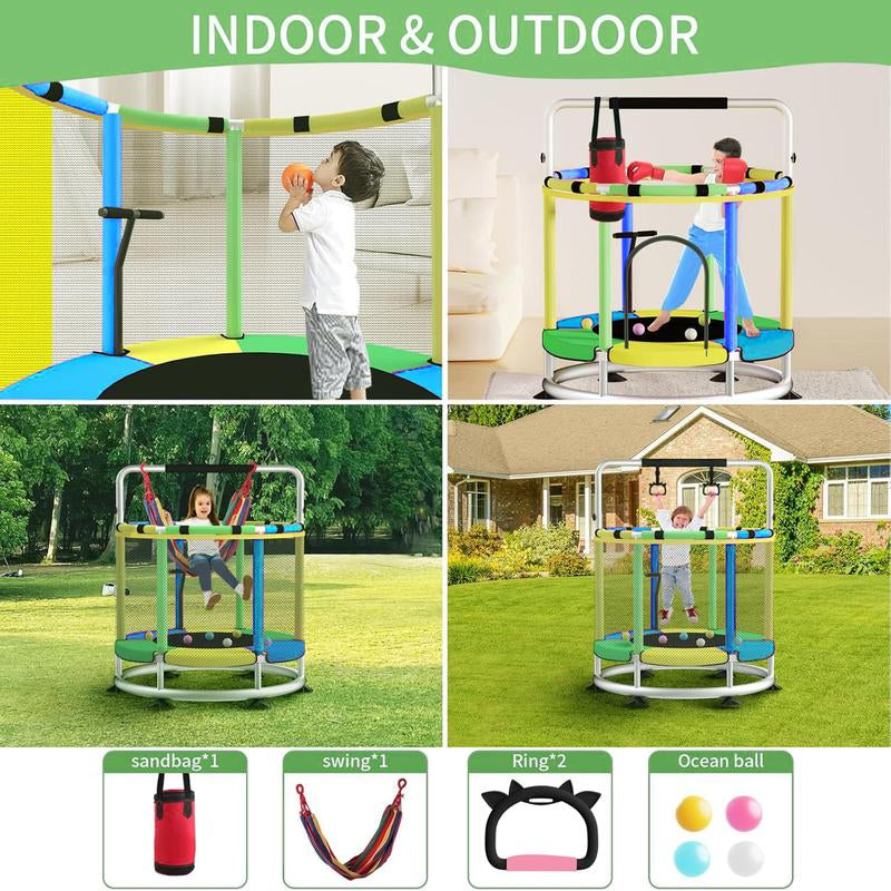 Trampoline for Kids with Basketball Hoop, 55" Toddler Trampoline Indoor & Outdoor, 440Lbs Capacity Baby Trampoline with Enclosure, No-Gap Safe Design,,Swing,Sandbag,Ring,Ocean Balls,Gifts for Boys&Girls,