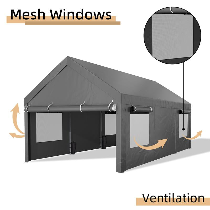Walsunny Carport 10X20Ft Outdoor Car Canopy Portable Garage, Heavy Duty Shed Tent Port with Roll-Up Ventilated Windows & Removable Sidewalls Shelter Storage Vehicle Party Moisture Prevention